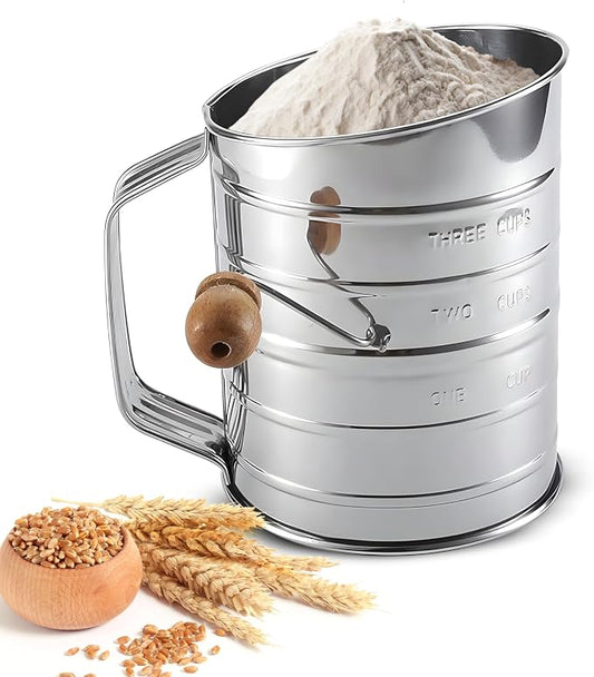 3 Cup Flour Sifter for Baking Fine Mesh Rotary Hand Crank with Loop Agitator for Quick Sifting, Flour Sifter Powered Sugar Stainless Steel 2 Wire Agitator