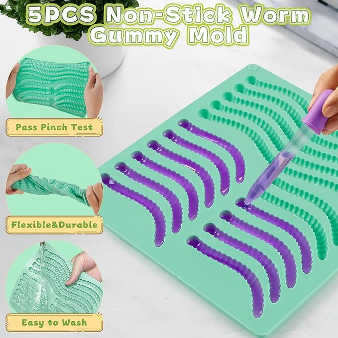 5PCS Silicone Gummy Worm Molds,Worm Gummy Candy Mold,Non-Stick Worm Candy Mold with 2 Droppers for Convenient Filling,Gummy,Candy，Chocolate,85Cavity