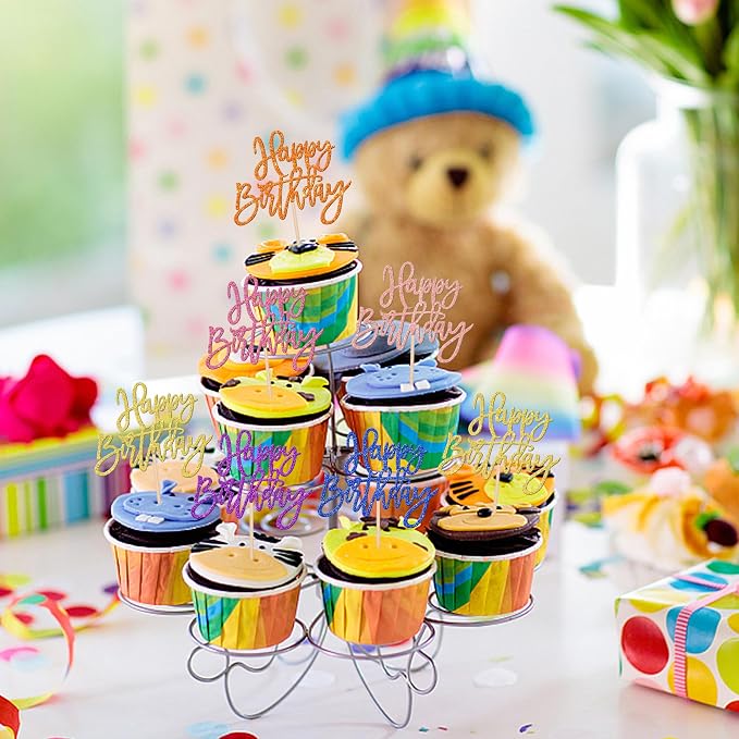 24 PCS Happy Birthday Cupcake Toppers - Multi 6 Colors Glitter Picks for Celebrating Anniversary Theme Party Cake Decorations Supplies