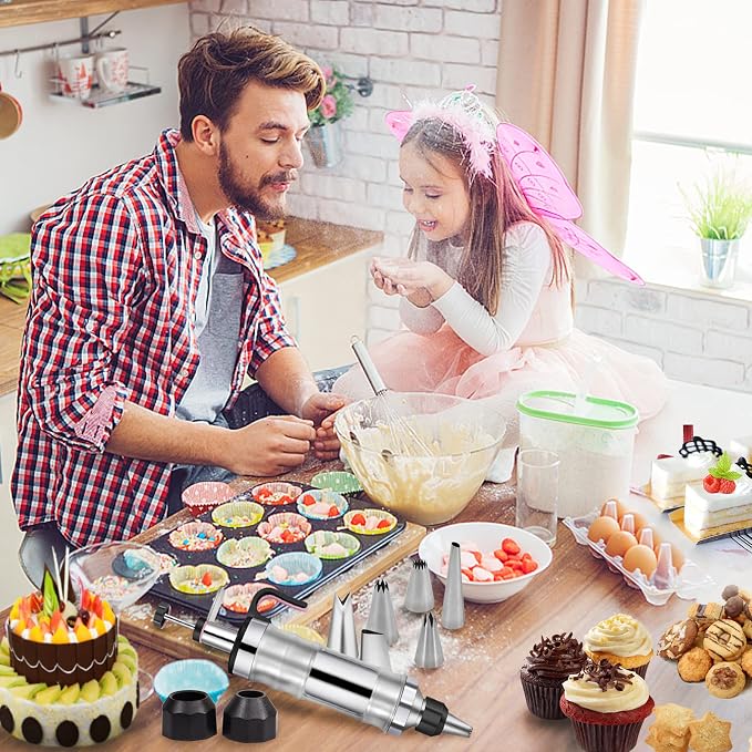 Dessert Decorating Syringe Set Frosting Piping Kit Stainless Steels Cake Decorating Tool 6 Russian Piping Icing Nozzles Cream Scraper Cupcake Frosting Filling Injector Cake Icing Tools