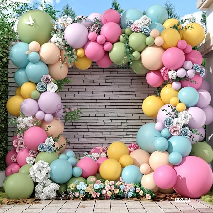 Flower Balloon Arch Kit, 122Pcs Hot Pink Pastel Blue Dusty Green Macaron Orange Lavender Purple Yellow Balloons for Girls Spring Party Boho Baby Shower Flower Birthday Garden Party Decorations