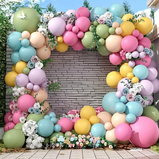 Flower Balloon Arch Kit, 122Pcs Hot Pink Pastel Blue Dusty Green Macaron Orange Lavender Purple Yellow Balloons for Girls Spring Party Boho Baby Shower Flower Birthday Garden Party Decorations
