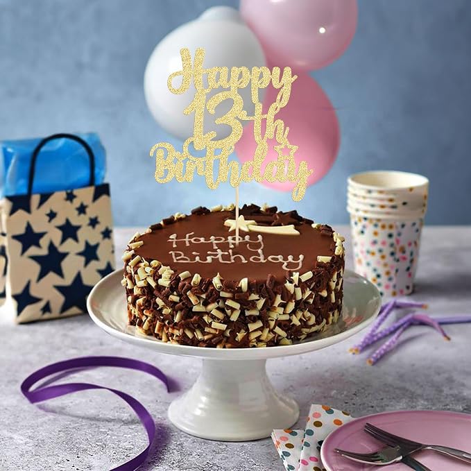 Gyufise 1Pc Happy 13th Birthday Cake Topper Glitter 13 & Fabulous Official Teenager 13 Birthday Cake Pick for Celebrating 13th Birthday Anniversary Party Cake Decorations Supplies Gold