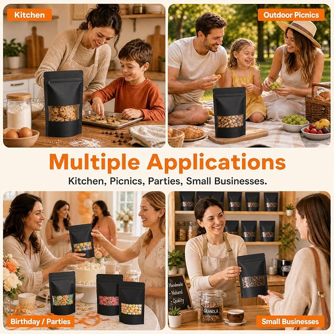 100 Pcs Black Kraft Paper Bags with Window, 3.5" x 5.5" Stand Up Pouches Bags, Food Storage Bags for Packaging Products, Reusable, Sealable