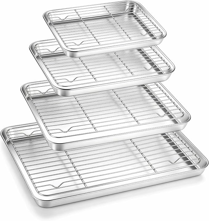 Homikit Baking Sheet with Wire Rack Set (4 Pans + 4 Racks), 16/12/10/9 Inch | Stainless Steel Sheet Pans with Cooling Racks for Oven, Heavy Duty Metal Cookie Bacon Baking Trays Non Toxic, Dishwasher Safe