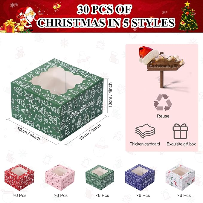 COTOPHER 30Pcs Christmas Cookie Boxes for Gift Giving, 4x4x2.5 inch Bakery Box with Window, Xmas treat Boxes for Holiday Party Favor Pastries, Cupcakes, Muffins Donuts Chocolate, Gift Wrapping