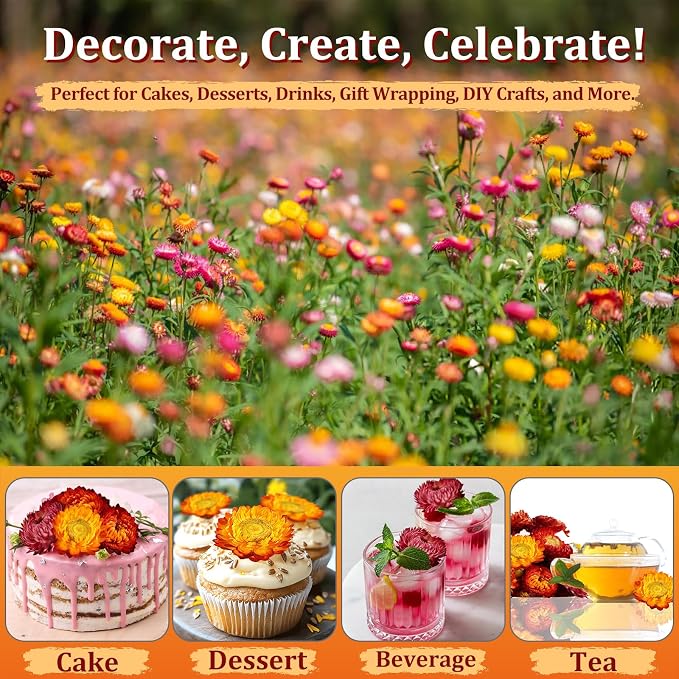 100+ Edible Dried Flowers for Cake Decoration – Food Grade Mixed Colorful Chrysanthemum Flowers for Baking, Cocktails, Cupcakes, Drinks, DIY Crafts