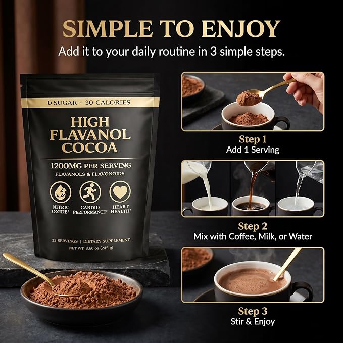 High Flavanol Cocoa Powder – Unsweetened Cocoa Powder with Premium Cocoa Extract, Smooth Cacao Drink Mix for Coffee, Smoothies & Oatmeal, 8.6 oz (245 g)