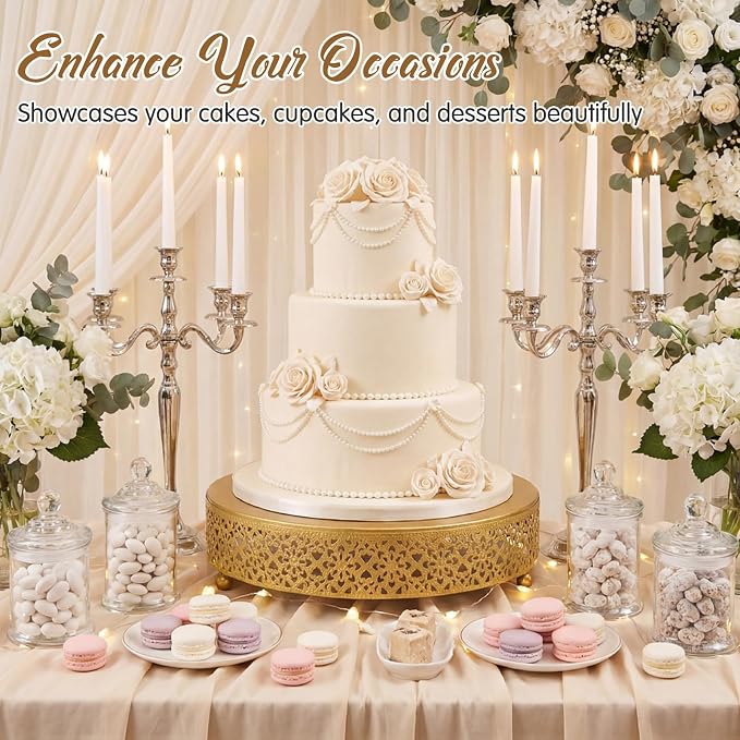 Wenqik Cake Stand 12 Inch Round Metal Cupcake Dessert Wedding Cake Stand Cookies Display Holder Fruit Serving Tray for Table Wedding Birthday Anniversary Party(Gold)