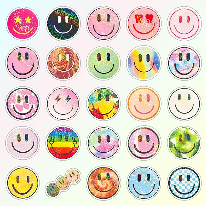 50PCS Smiling Glitter Stickers, Cute Water Bottle Stickers for Kids, for Teaching Rewards, Notebooks, Stationery, Luggage, Cartoon PVC Happy Sticker