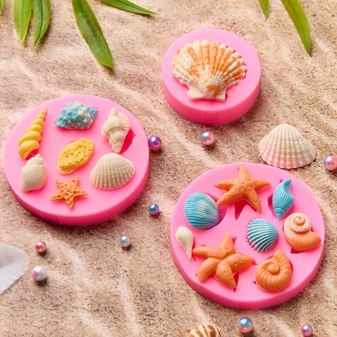 Puyeipt 3 Pcs Marine Silicone Fondant Molds, Seashell Conch Starfish Chocolate Candy Molds for Cupcake Topper, Cake Pop Decoration and Clay Craft Making