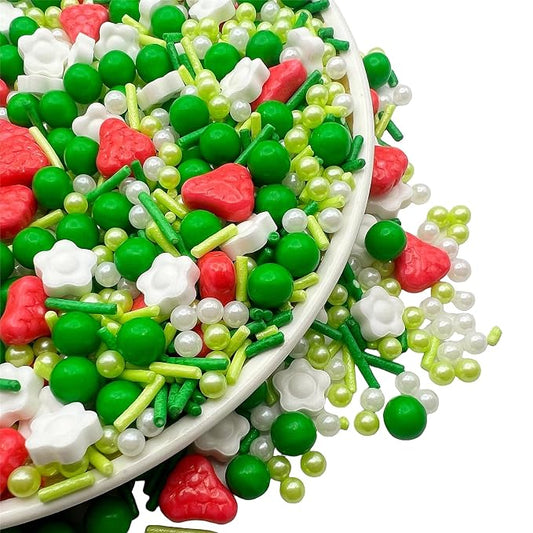 SE Si&Moos Strawberry Sprinkles Edible Strawberry Cake Decorations Edible White Mini Flowers Green Sprinkles for Cake Decorating Party Baby Shower Holiday Supplies 3.5 OZ
