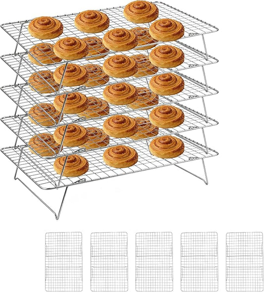Cooling Rack, 5 Tier Stackable Cooling Racks for Cooking Baking Roasting, Multi-Level Collapsible Cookie Rack for Cakes, Oven Safe & Easy Clean (Silver, 5-Tier)