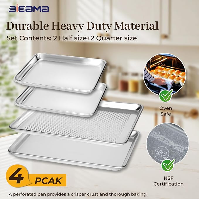 BIEAMA Baking Sheet Pans Set of 4, Perforated Half & Quarter Size | Aluminum Heavy Duty Cookie Sheets for Roasting, Includes 2 Perforated 18" x 13"+ 13" × 10"