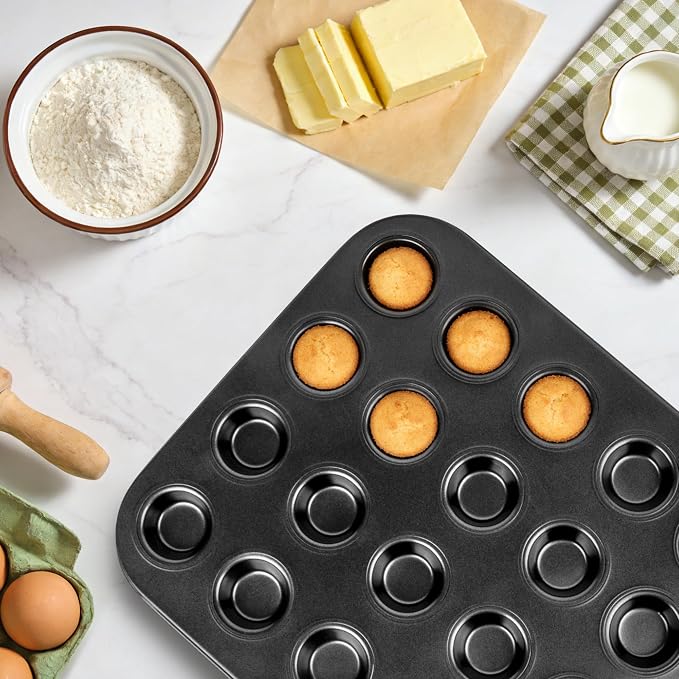 2 Pack 24-Cup Mini Muffin Pan, Heavy-Duty Carbon Steel Nonstick Baking Pan, 1.26” Extra Small Size Cups, Compact 10.43” x 7.28” Design, Oven & Dishwasher Safe (Black)
