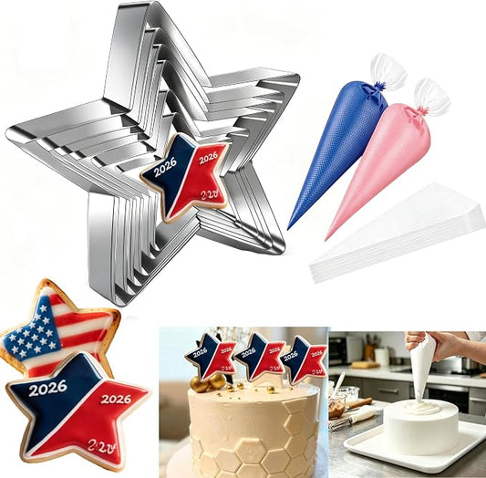 6pcs Star Cookie Cutter Set with 50pcs Piping Bags, Stainless Steel Large Star Cookie Cutter for Baking/Sandwich/Fruit/Biscuit,Perfect Molds for 4th of July, Birthday, Afternoon Tea, Party