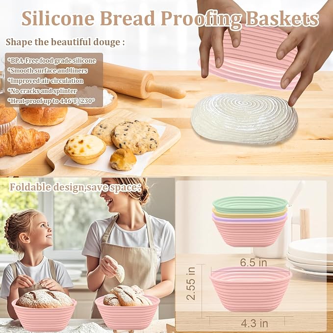 4Pcs Mini Silicone Banneton Bread Proofing Baskets, 6.5" Sourdough Banneton Proofing Baskets, Non-Stick Oval Dough Proofing Bowl Contain