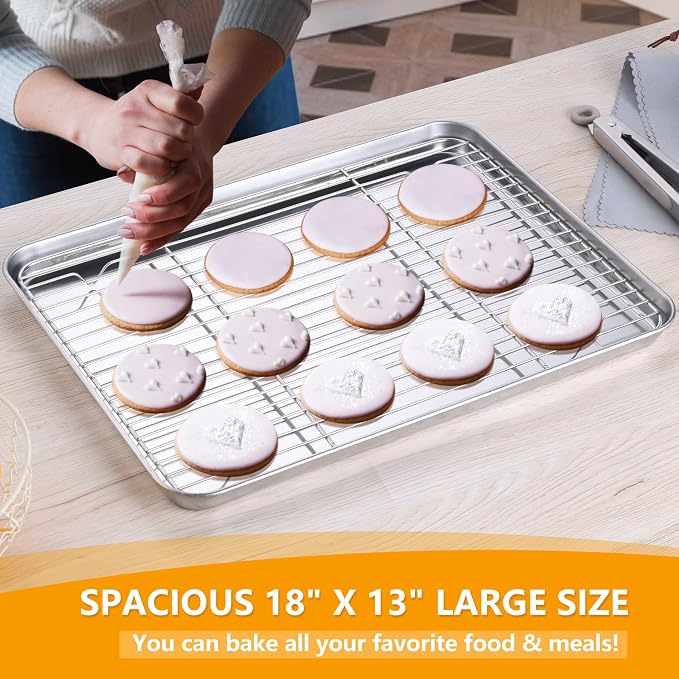 Homikit Baking Half Sheet with Rack (1 Pan + 1 Rack), 18" x 13" Stainless Steel Cookie Sheets for Baking, Metal Bacon Tray with Wire Cooling Rack for Oven Cooking Roasting, Nonstick& Dishwasher Safe