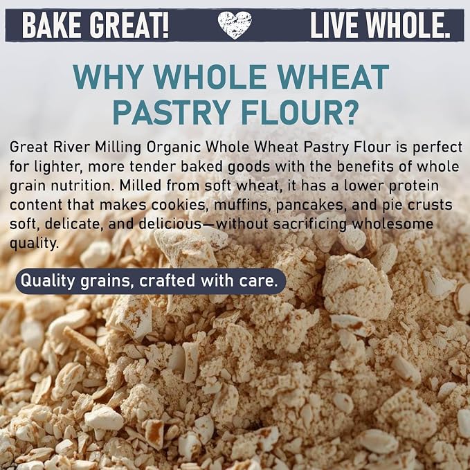 Great River Milling Organic Whole Wheat Pastry Flour | Soft Texture, Lower Gluten | USDA Organic, Non-GMO, Kosher | Ideal for Muffins, Cookies, Cakes & More | 5 Lb