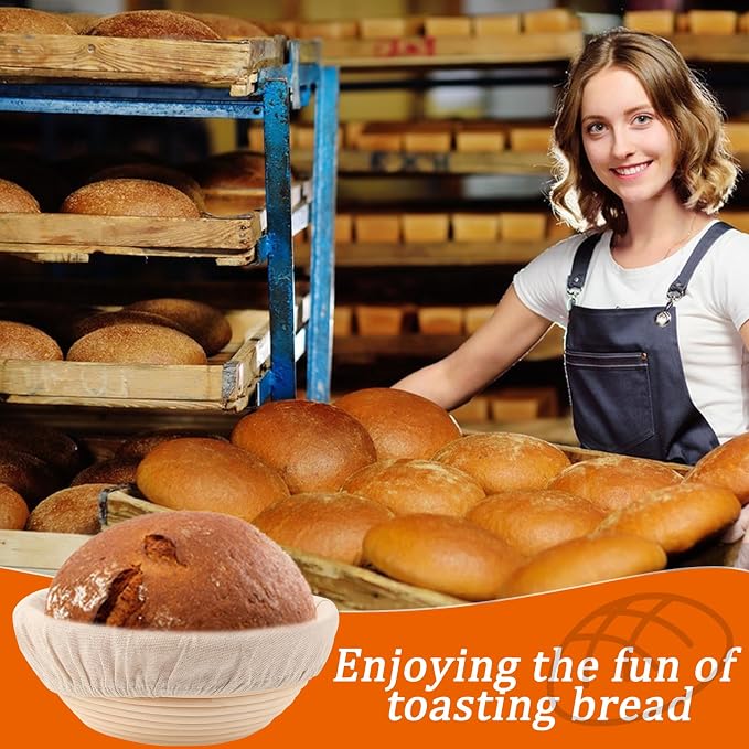 5 Pack Round Banneton Proofing Basket Set 9 Inch, Natural Rattan Sourdough Bread Bowls with Linen Liners, Dough Baking Supplies for Professional & Home Bakers(9" Round, Set of 5)
