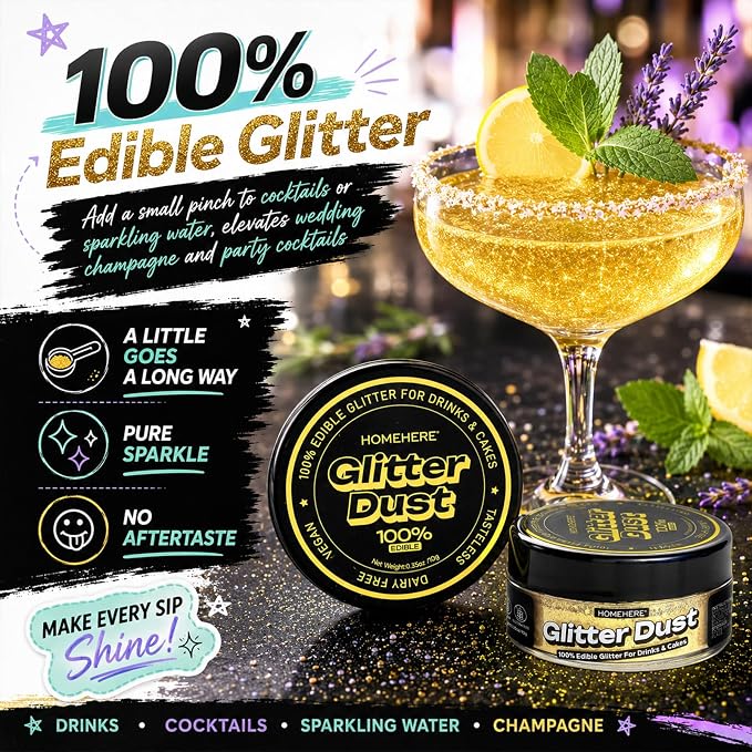 HomeHere Edible Glitter for Drinks & Cakes, 10g Food Grade Disco Diamond Glimmer Dust, Sparkle Powder for Cocktails, Chocolate, Baking Decorations, Vegan& Tasteless (Golden)