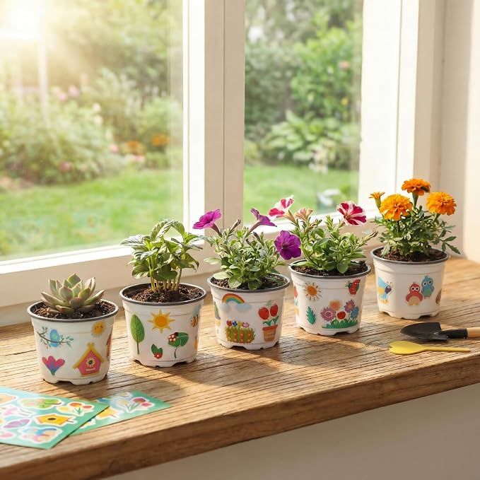 100 Sets Garden Pot Craft Kit, Flower Plant Spring Craft Including Plastic Nursery Plant Pots Labels Tags Stickers for DIY Flower Planting Growing Birthday Arts Kit (Simple)