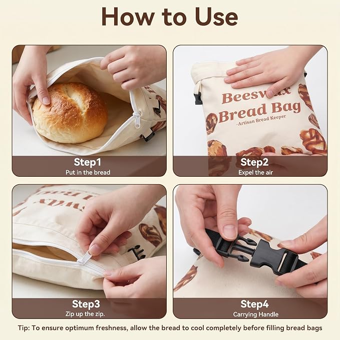 2 Pack Beeswax Bread Bags for Sourdough, Reusable Natural XL Linen Beeswax Bread Bag with Zipper for Homemade Sourdough, 17 x 13 Inches Freezer-Friendly Large Capacity Portable