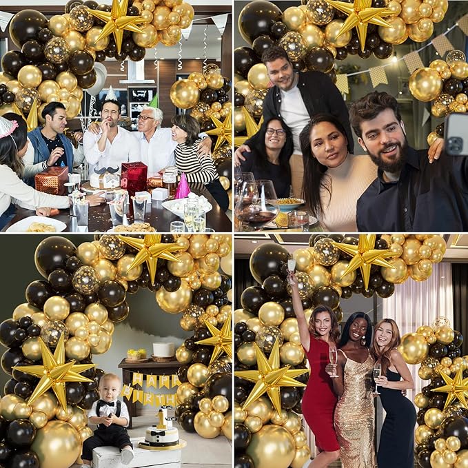 Bonropin 161pcs Black and Gold Balloons Garland Arch Kit with Explosion Star Balloons, 5/10/12/18in Black Gold Confetti Latex Balloons for Anniversary Birthday Party 2025 Graduation Decorations