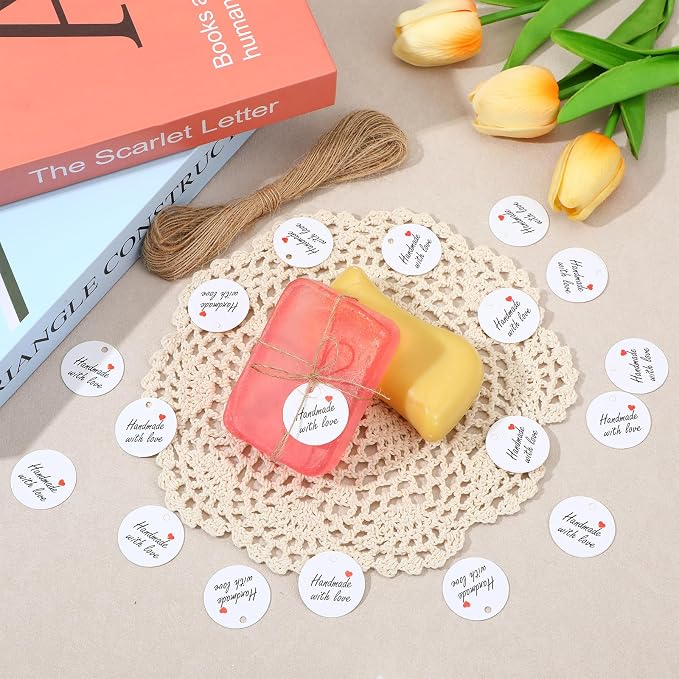 TIESOME 200Pcs Handmade with Love Tags, Paper Gift Labels with Twine String