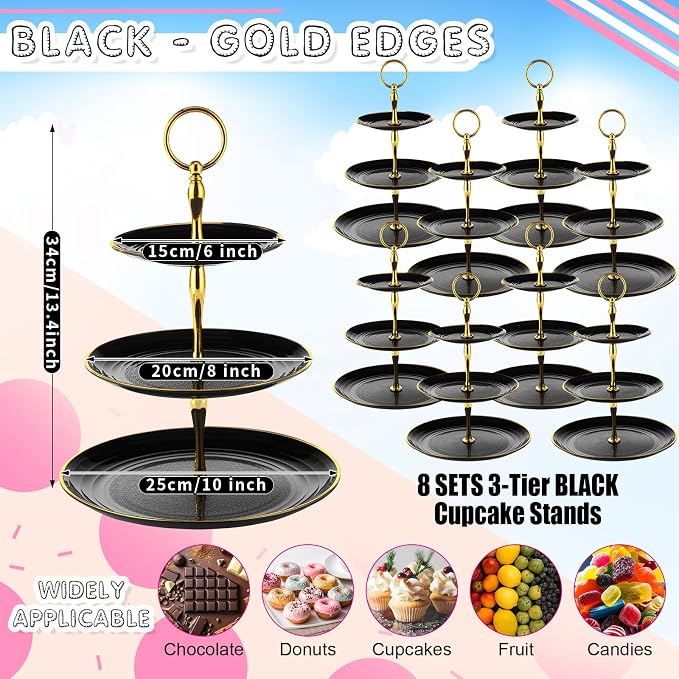 Teenyyou 8 Pack 3 Tier Cupcake Stand Bulk Tiered Dessert Stand Thick Plastic Serving Tray with Gold Edges Dessert Table Display Set Tea Cake Holder for Wedding Birthday Party(Black,Round)