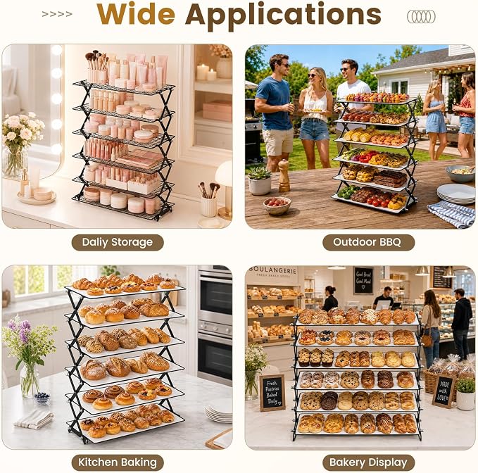 6 Tier Collapsible Cooling Rack for Baking Cookies Bread Barbecue | Include 50 Baking Papers, 4-Level Adjustable Height, 3 Setting Design, Stackable Roasting Rack, X-Shaped Structure