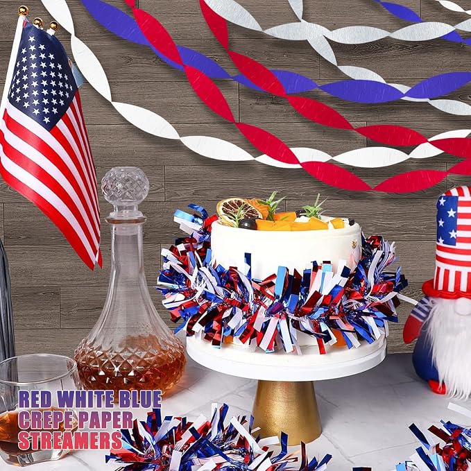 AOYOO Patriotic Crepe Paper Streamers with Tassels - 8 Rolls Red White Blue Decoration Kit for Independence Day, 4th of July, Memorial Day, USA Theme Party Supplies