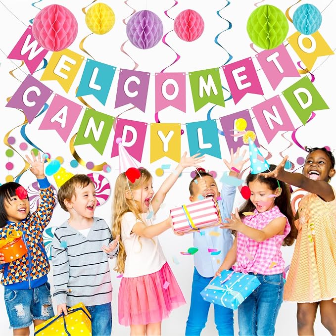 Pasimy Candy Land Party Decoration Welcome to Candy Land Banner with Colorful Honeycomb Balls Candyland Decor Garland Hanging Swirls Set Lollipop Paper Cutouts Dot for Birthday Party Supplies