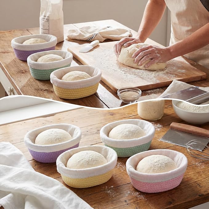 4 Pcs 6.7 Inch Bread Proofing Basket Set Cotton Rope Oval Banneton Basket Sourdough Bread with Liners Covers for Baking Supplies (Fresh Color)