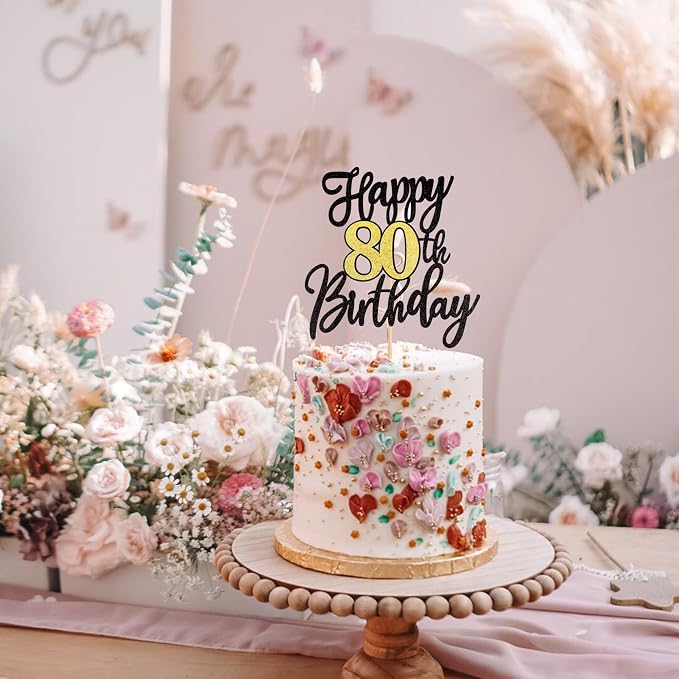 1 PCS Happy 80th Birthday Cake Topper Black Gold Glitter Cheers to 80 Years Birthday Cake Pick 80 Fabulous Cake Decoration for Happy 80th Birthday Anniversary Party Cake Decorations Supplies