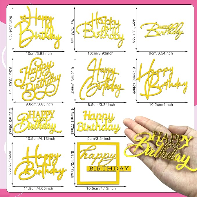 10 PCS Gold Happy Birthday Acrylic Cake Toppers Mirrored Side Cake Decorations Inserts 10 Styles