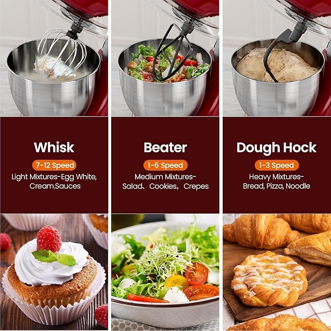 Kismile 5.5QT Tilt-Head Stand Mixer, 12-Speed Electric Mixer with 304 Stainless Steel Bowl - Includes Whisk, Dough Hook, Beater for Baking Bread, Cakes, Cookies（Red）