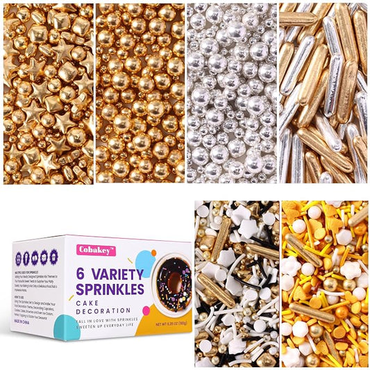 Gold Sprinkles for Cake Decorating, Cupcake, Cookies, Ice Cream Topper, 6 Packs Gold and Silver White Sprinkles, Six of assorted Sprinkles for Baking, Perfect for Party, Anniversary, Wedding