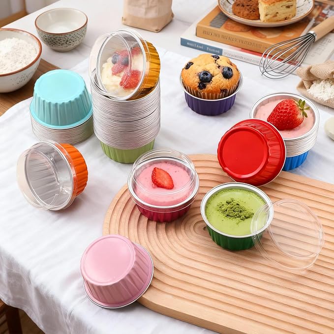 200 Pack Aluminum Foil Cupcake Liners with Lids, 5 oz Round Baking Cup, Disposable Ramekin Container for Graduation Wedding Independence Day Party(Mixed Color,Plain)