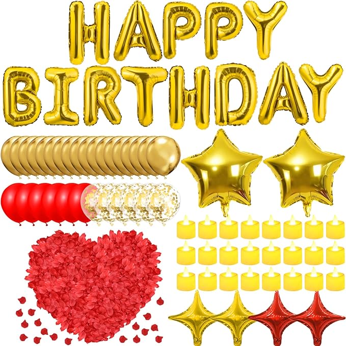 Gold Happy Birthday Balloons Decorations Red and Gold Birthday Balloon Letters Banner with 6 Pcs Star Balloons Red Artificial Rose Petals 24 Flameless LED Candles for Room Golden Bday Party Supplies
