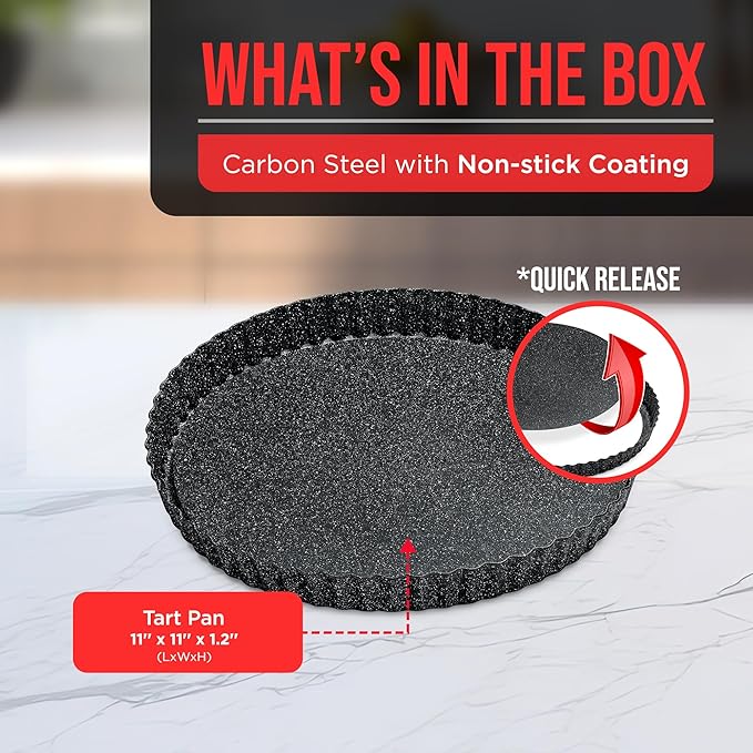Bakken- Swiss Tart Pan – Quick Release Removable Base, Non-Stick Fluted Edge, Durable Steel - Create Perfect Pies, Fruit Tarts, and Quiches with Ease