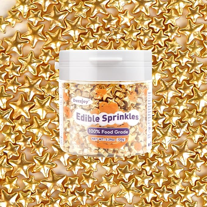 Dazzjoy Edible Gold Star Sprinkles, Star Sugar Sprinkles for Cake Decorating, Food Grade, Cupcake Toppers, Gold Cake Decorations, Patriotic Wedding Birthday Party Supplies