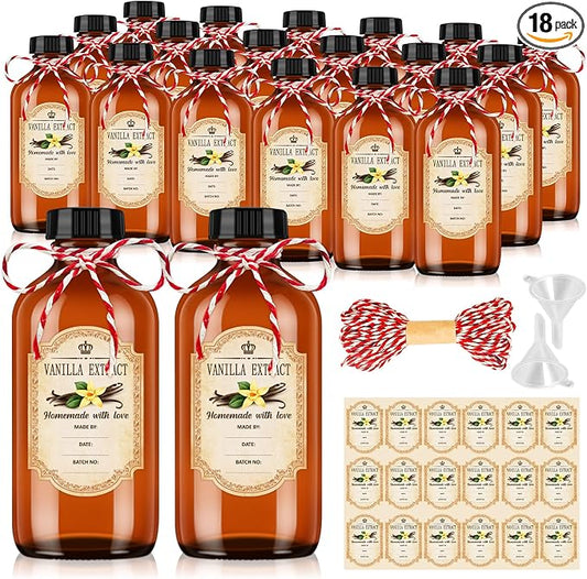 KEYWING 18 Pack 8oz Amber Glass Boston Round Bottles with Airtight Poly Cone Caps, Perfect Dispensing Bottles for Homemade Vanilla Extract, Syrups, Essential Oils, Holiday & Christmas Gift