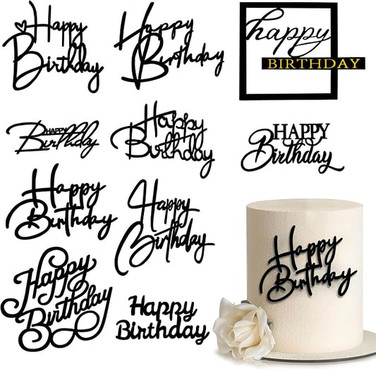 10 PCS Silver Happy Birthday Acrylic Cake Toppers Mirrored Side Cake Decorations Inserts 10 Styles (Black)