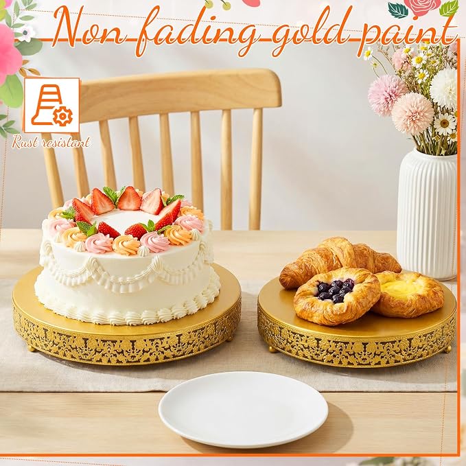 Wenqik 2 Pack Cake Stand Set, 14/16 Inch Metal Round Cupcake Dessert Stand Decorative Elegant Cake Display for Weddings Party Birthday Baby Showers Anniversary(Classic Floral,Gold)