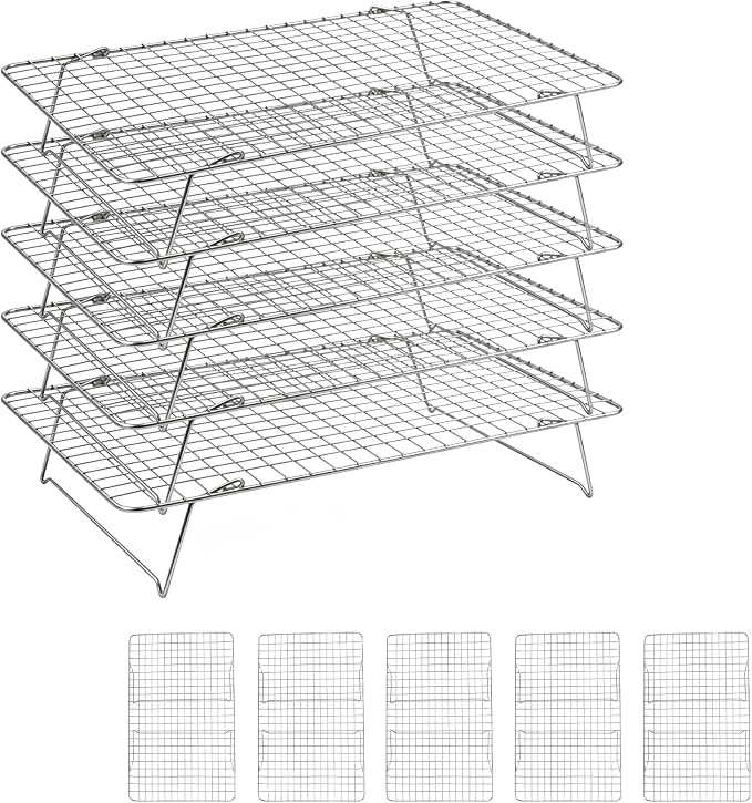 Cooling Rack, 5 Tier Stackable Cooling Racks for Cooking Baking Roasting, Multi-Level Collapsible Cookie Rack for Cakes, Oven Safe & Easy Clean (Silver, 5-Tier)