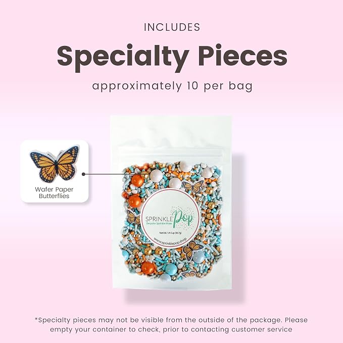 Sprinkle Pop Monarch Butterfly Sprinkle Mix| Blue Orange Sprinkles with ~20 Butterfly Wafer Paper and Gold Dragees| Decorating Sprinkles Made In USA for Mother’s Day Cupcakes Cakes Cookies Donuts, 4oz
