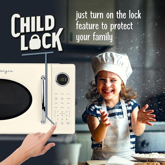 Nostalgia Retro 1000W Microwave Oven 1.1 Cu Ft Capacity – Child Safety Lock, 8 Auto-Cook Settings – Countertop Kitchen Appliance – Ivory