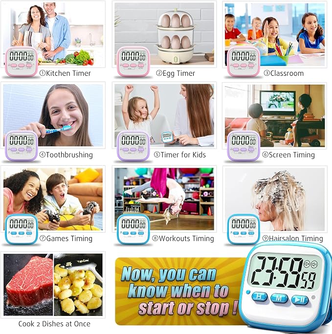 Antonki 2 Pack Classroom Timers for Kids Teachers, Magnetic Countdown Digital Kitchen Timer for Cooking, Study, Exercise, Games, Time Mangement - Loud/Silent Mode - Battery Included