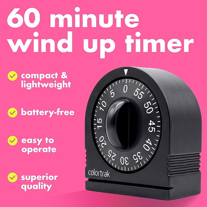 Colortrak 60 Minute Wind Up Timer, Salon Hair Color Processing Timer, Mechanical Visual Countdown for Chemical Services, Tanning, Kitchen, and Kids Activities, No Batteries Required, Black, 2 Pack